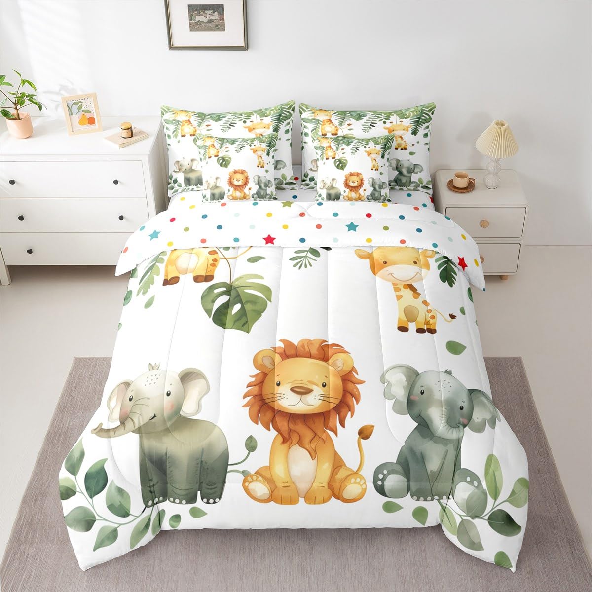 Erosebridal Cute Elephant 7 Piece Bedding Set King Leaves Comforter Set with Sheets Lion Giraffe Palm Leaf Hand Drawn Bed in a Bag Cartoon Animal Theme Elephant for Kids Boys Girls