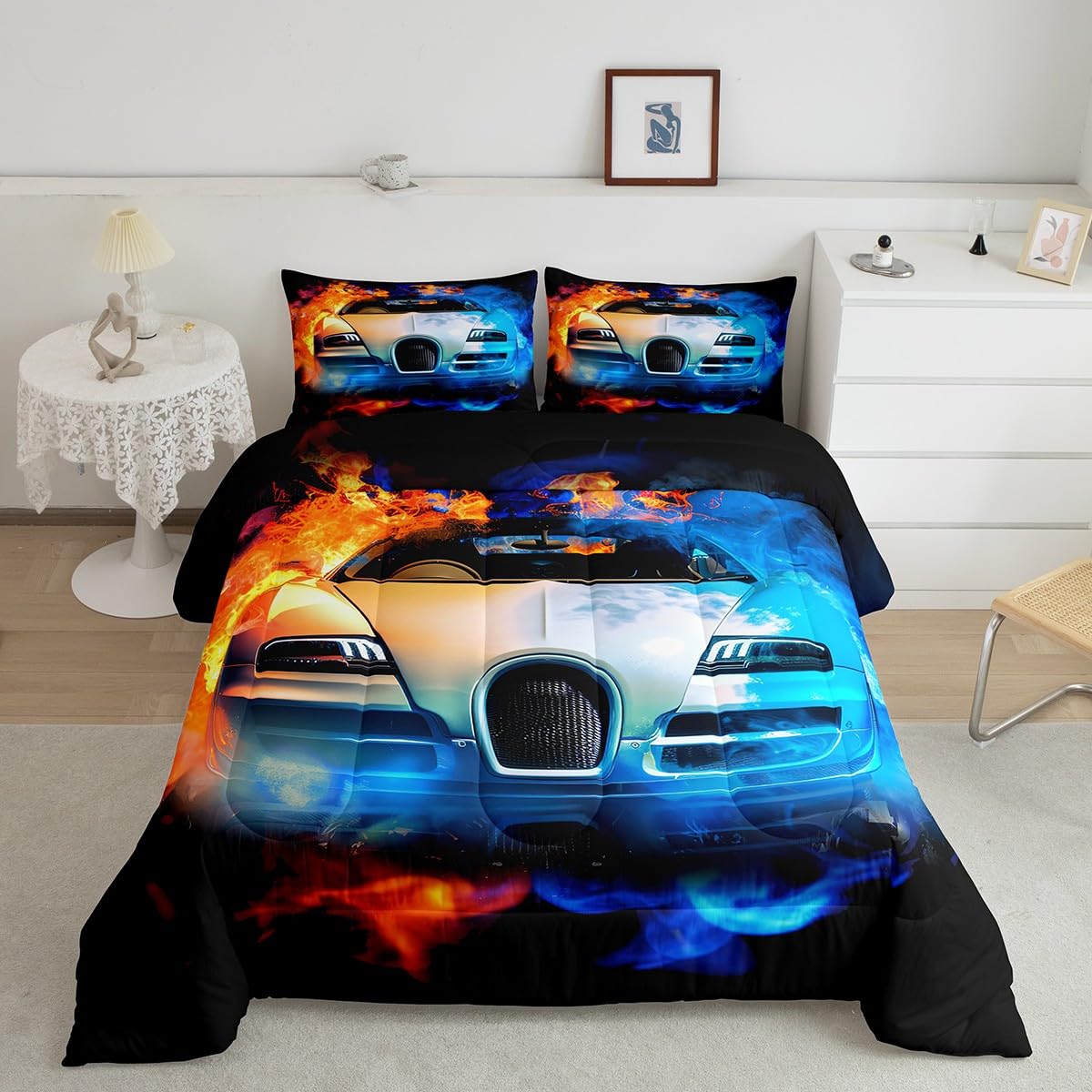 Feelyou Kids Sports Car Bedding Set Luxury Yin Yang Race Car Bedding Set for Boys Girls Men Extreme Sports Theme Comforter Cool Speed Racing Car Comforter Set Bedroom Collection 2Pcs Twin Size