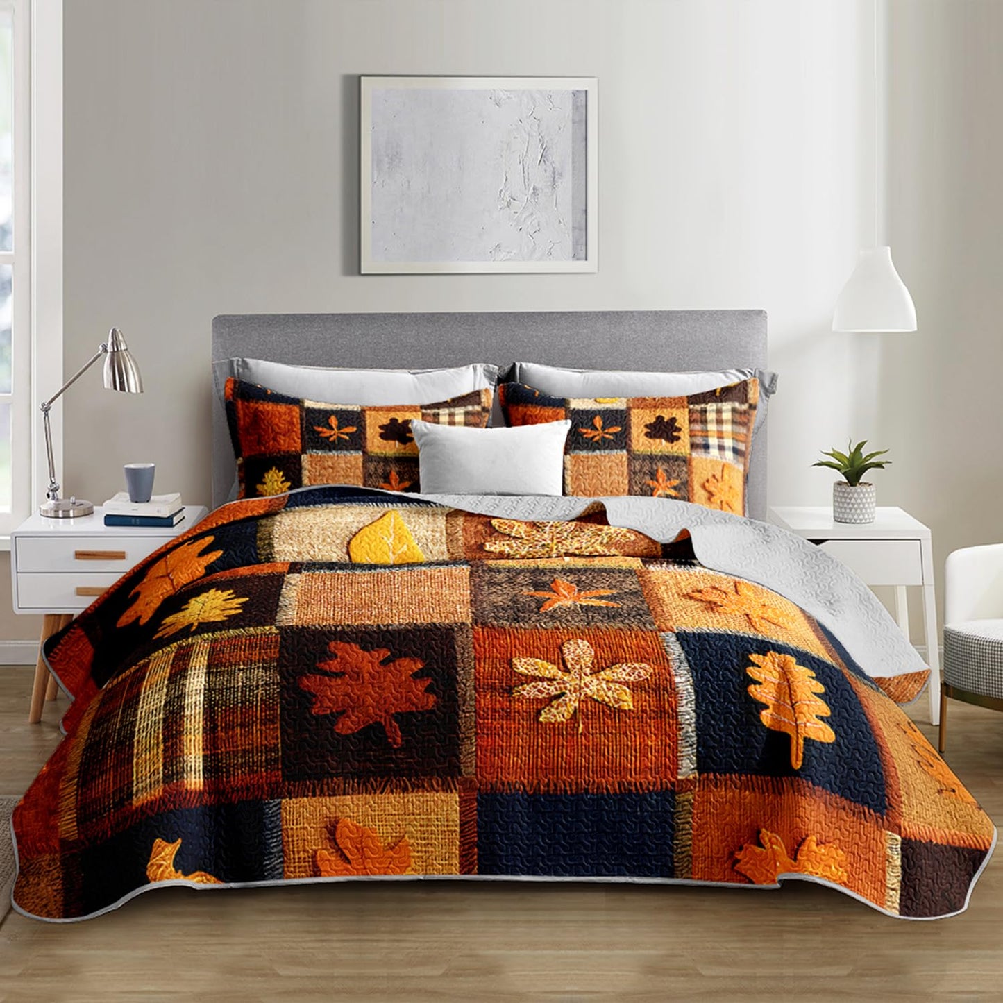 XYNHML Fall Maple Leaf Printed Quilts Bedding Full 3Pcs Brown Rustic Leaves Quilt Bed Set Grid Patchwork Lightweight Soft Bedspread Coverlet with 2 Pillowcases for Kid Boy Girl Teen Adult Bed Decor