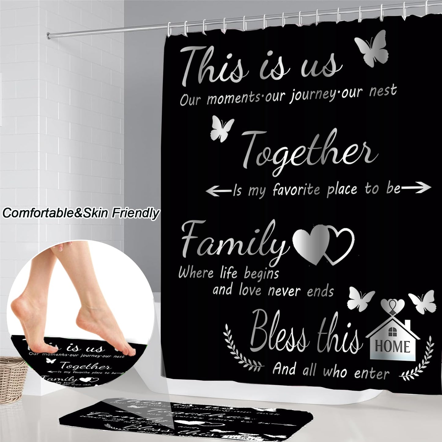 NEWSUYAA Black Bathroom Shower Curtain Set with Family Quotes,4 Pcs Home Inspirational Bath Decor with Non-Slip Bath Mat, Toilet Lid Cover & U-Shape Rug, Modern Farmhouse 72x72 Inch with Hooks