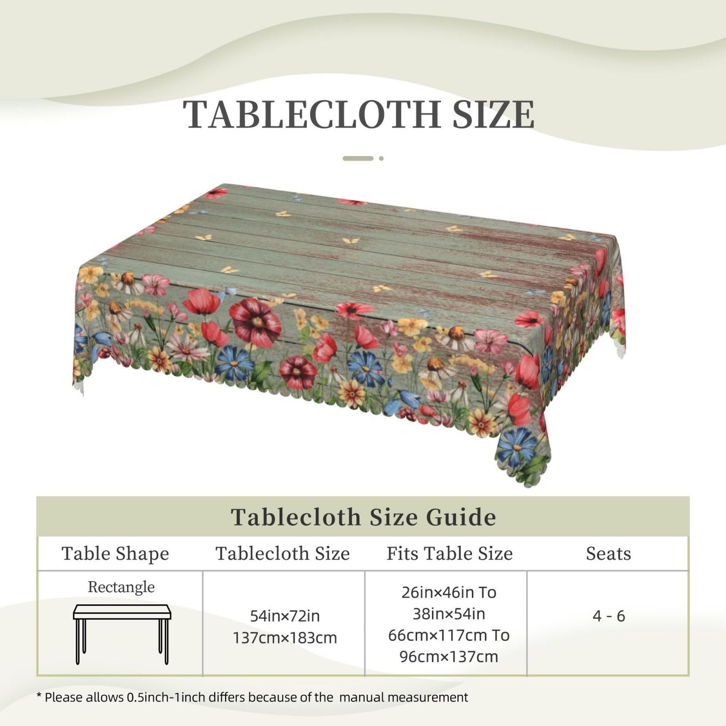 XIOURERY Wild Flowers Table Cloths Decorative for Dining Room, Flowers Brown Wood Washable Tablecloth for Home, Restaurant, Outdoor Party Table Cover 54x72 Inch