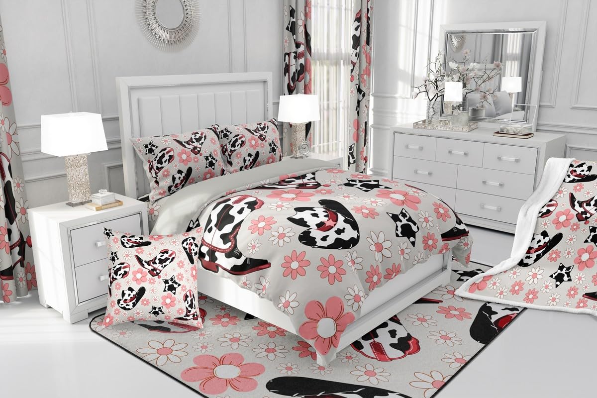 Feelyou Western Bedding Set Soft for Boys Girls, Cowgirl Floral Comforter Set Full Size Western Cowboy Boots Duvet Quilt Wild West Cactus Flower Bedroom Decor Gray Pink 3 Pcs with 2 Pillow Cases