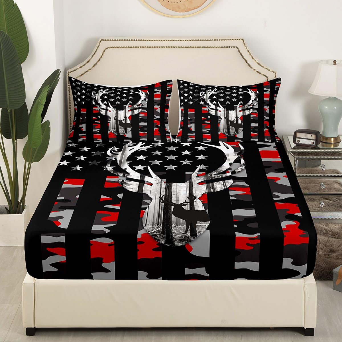 Camo American Flag Fitted Sheet Set Full Size 4 Pcs, Red Black Camo USA Flag Bedding Set(1 Fitted,1 Flat,2 Pillowcases), Deer Antlers and Trees Luxury Deep Pocket Bed Sheets for Girls Teen