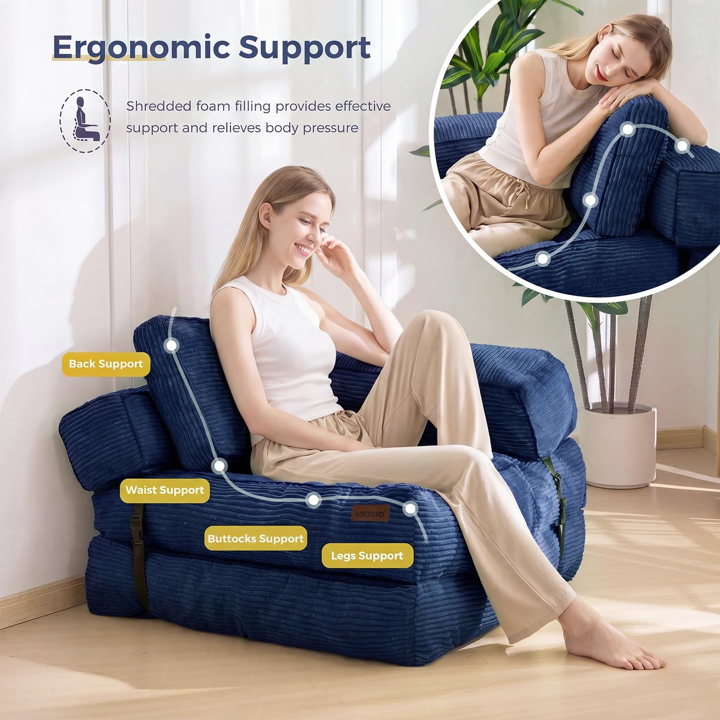 MAXYOYO Folding Sofa Bed, L-Shaped Convertible Sofa Bed with Armrest Foldable Sofa Couch with Pillow, Portable Fold Out Chair Bed Comfy Floor Lounge for Living Room Bedroom, Navy