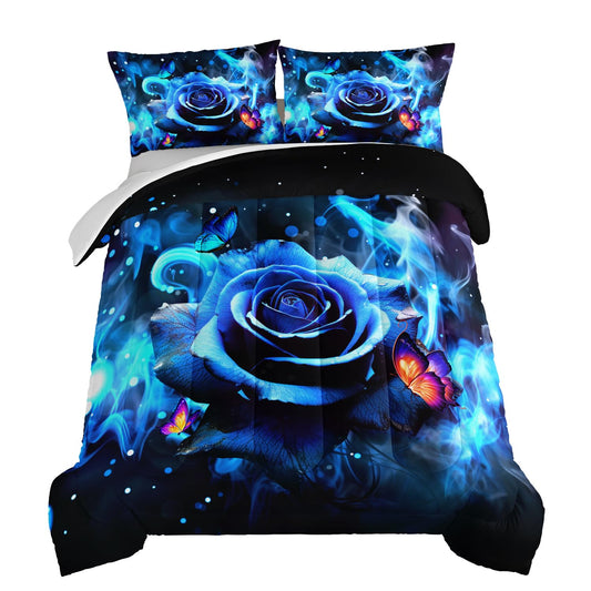 HOSIMA Fantasy Blue Comforter Set Queen Size,Romantic Valentine's Day Rose Floral Bedding Set for Women Girls Room Decor,Butterfly Comforter Set Aesthetic Bedding with 2 Pillowcases.
