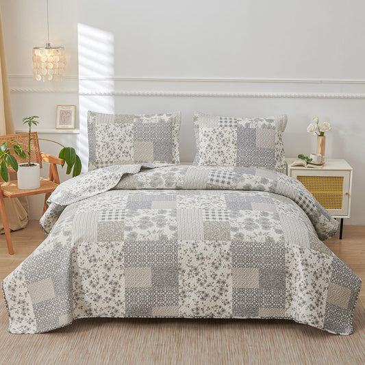 Green Essen Grey White Floral Plaid Quilt Twin Size Lightweight Patchwork Bedspread Soft Breathable Check Quilts Gingham Bedding Checker Pattern Coverlet Bed Cover Set Geometric Home Decor