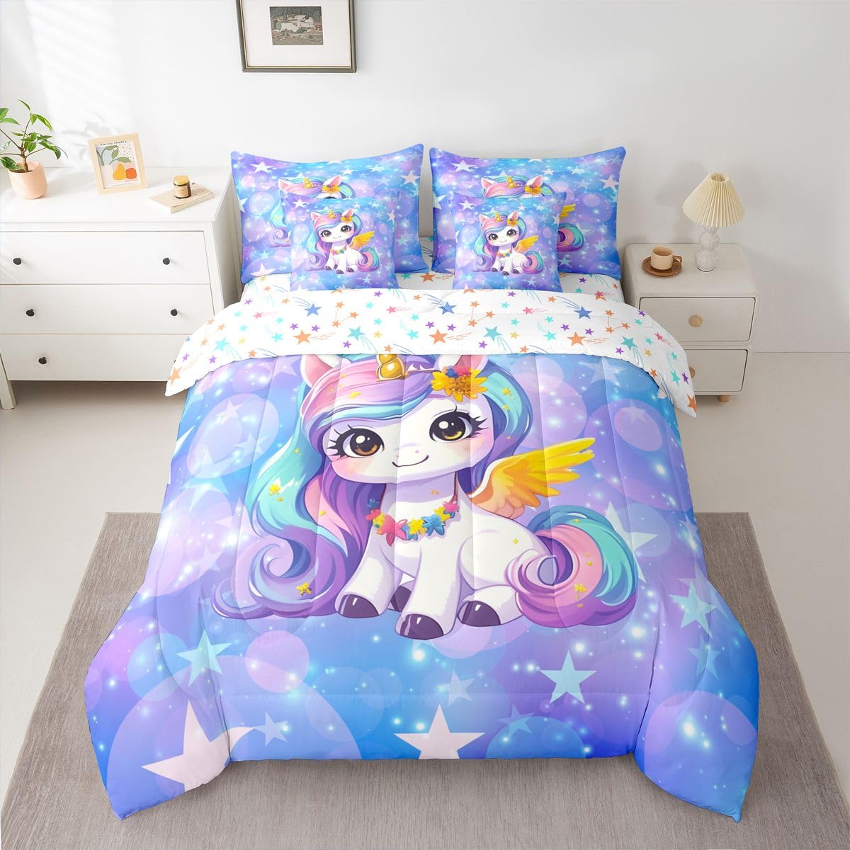 Feelyou Girls Cute Unicorn Comforter Set with Sheets 7 Piece Twin Size Glitter Bed in a Bag Kids Boys Girls Princess Decor Bedding Set Cute Animal Bedroom Decor Breathable Soft Lightweight Microfiber