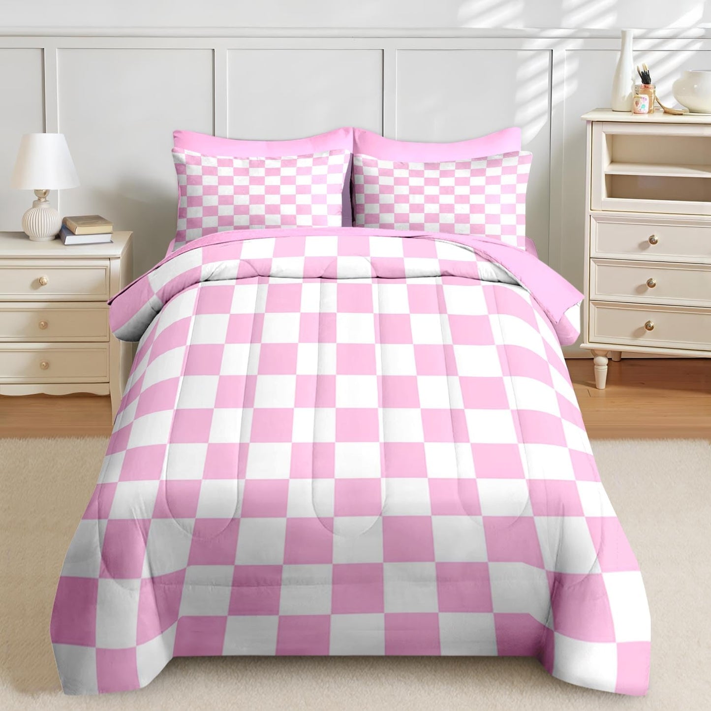 Nesker Comforter Set King Size, Light Pink Plaid Gingham 7 Pcs Bedding for Kids and Adults, Checkerboard Grid Bed Sheet Sets with Fitted Sheet 2 Pillowcases & 2 Shams
