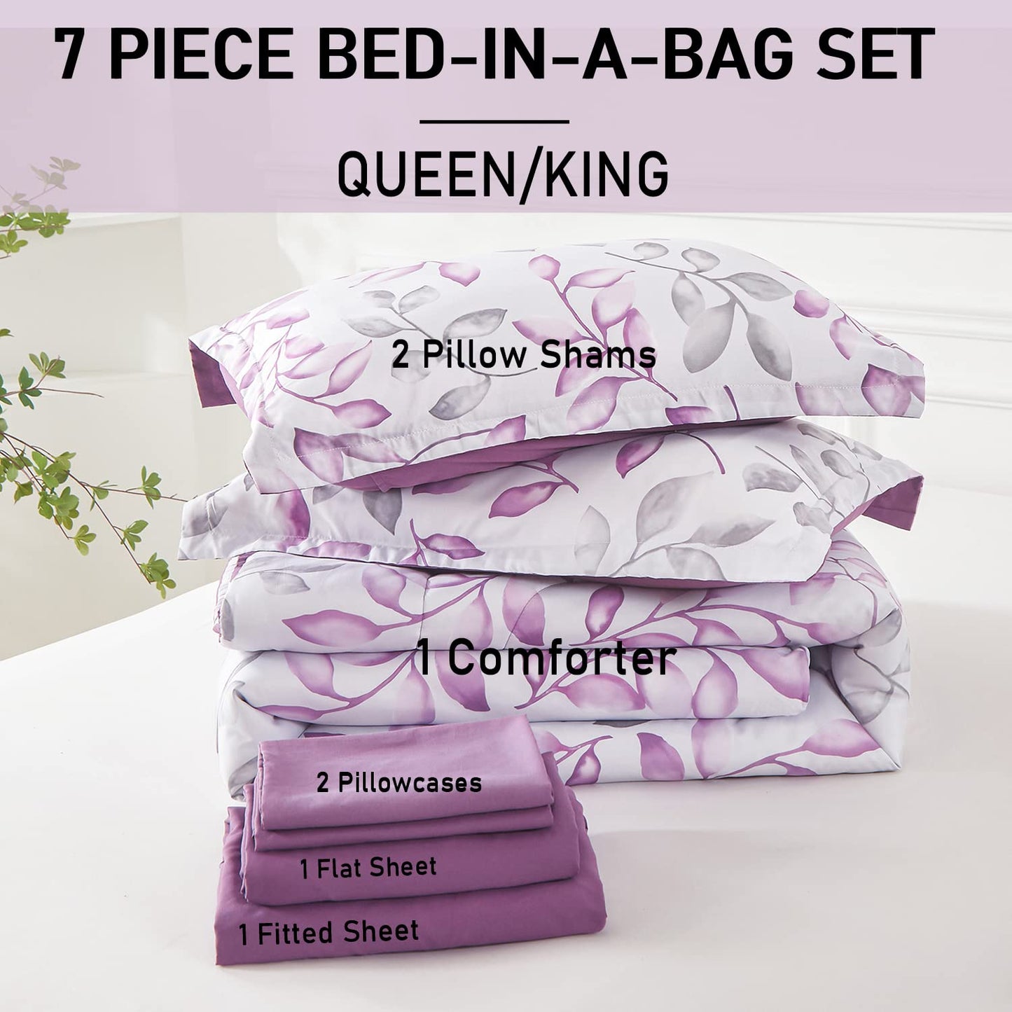 Yogeneg Botanical Comforter Set Queen Size 7 PCS Bed in a Bag,Purple Grey Leaves Printed on White Reversible Design,Soft Microfiber Bedding Complete Set for All Season(Purple,Queen)