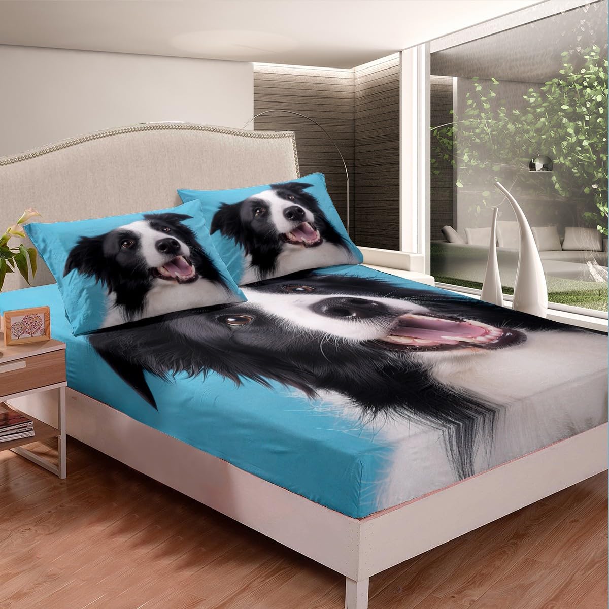 Feelyou 3D Dog Sheets Cute Border Collie Printed Bed Sheet Set Puppy Bedding Set for Kids Boys Girls Animal Theme Fitted Sheet Bedroom Collection 3Pcs Full Size