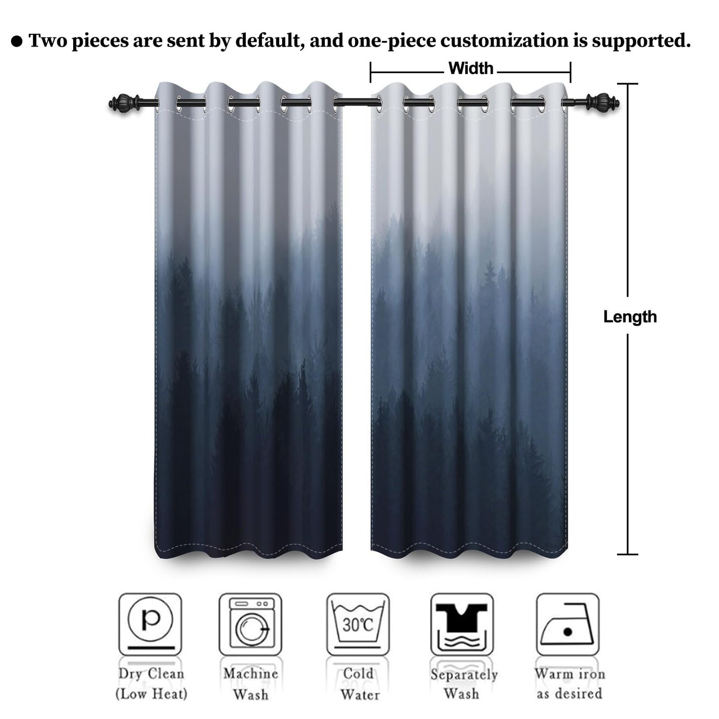 Renaiss Misty Forest Window Drapes, Navy Blue Ombre Design Bedroom Curtains & Drapes Abstract Mountain Landscape Room Darkening Grommet Curtains for Living Room 42W x 84L inches 2 Panel Set
