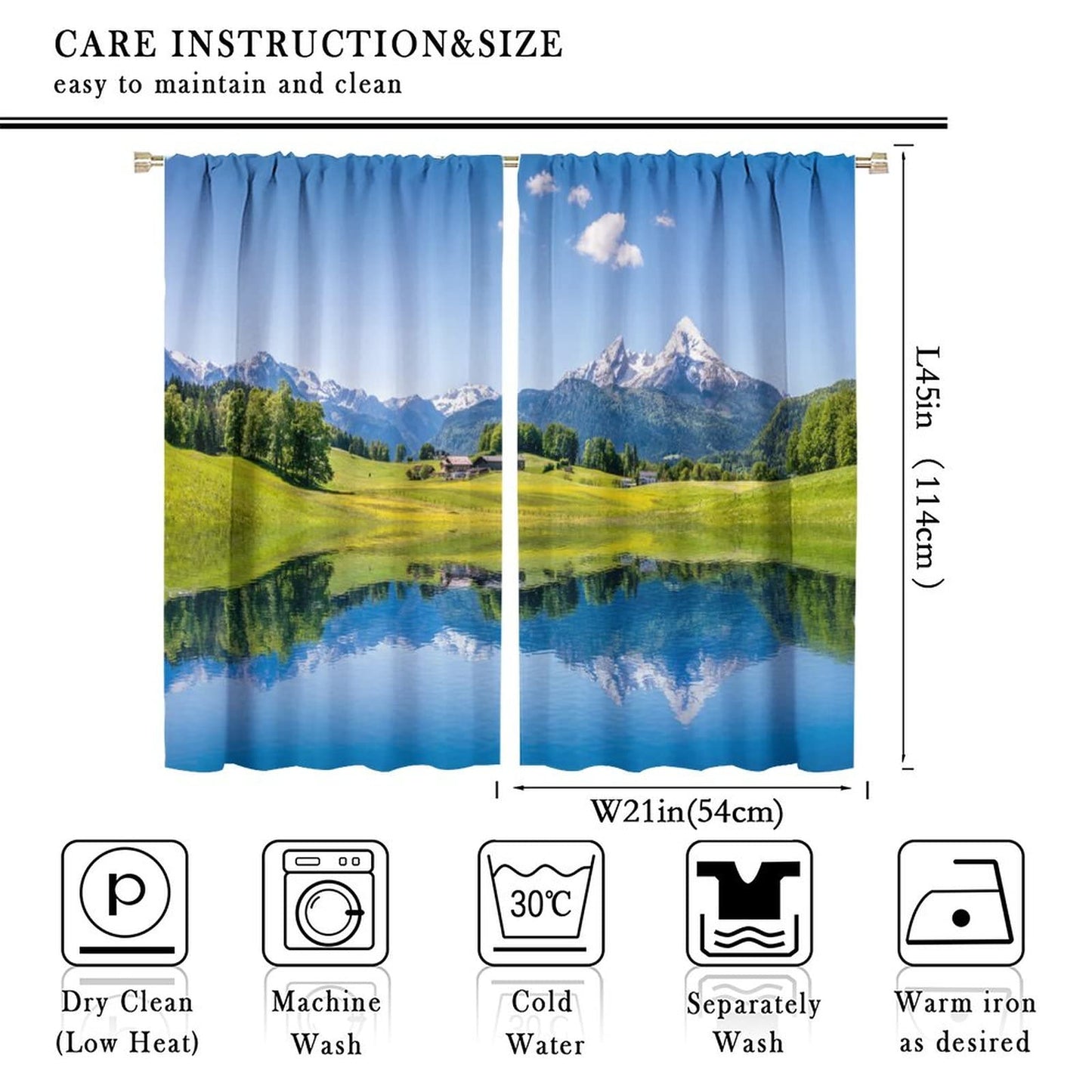 Lake Deocr Curtain, Nature Mountain Scenic Beautiful Blue Sky White Cloud House Grassland Landscapes Home Decor Windows Rod Pocket Curtains for Bedroom Kitchen Cafe Office Drapes 42x45in