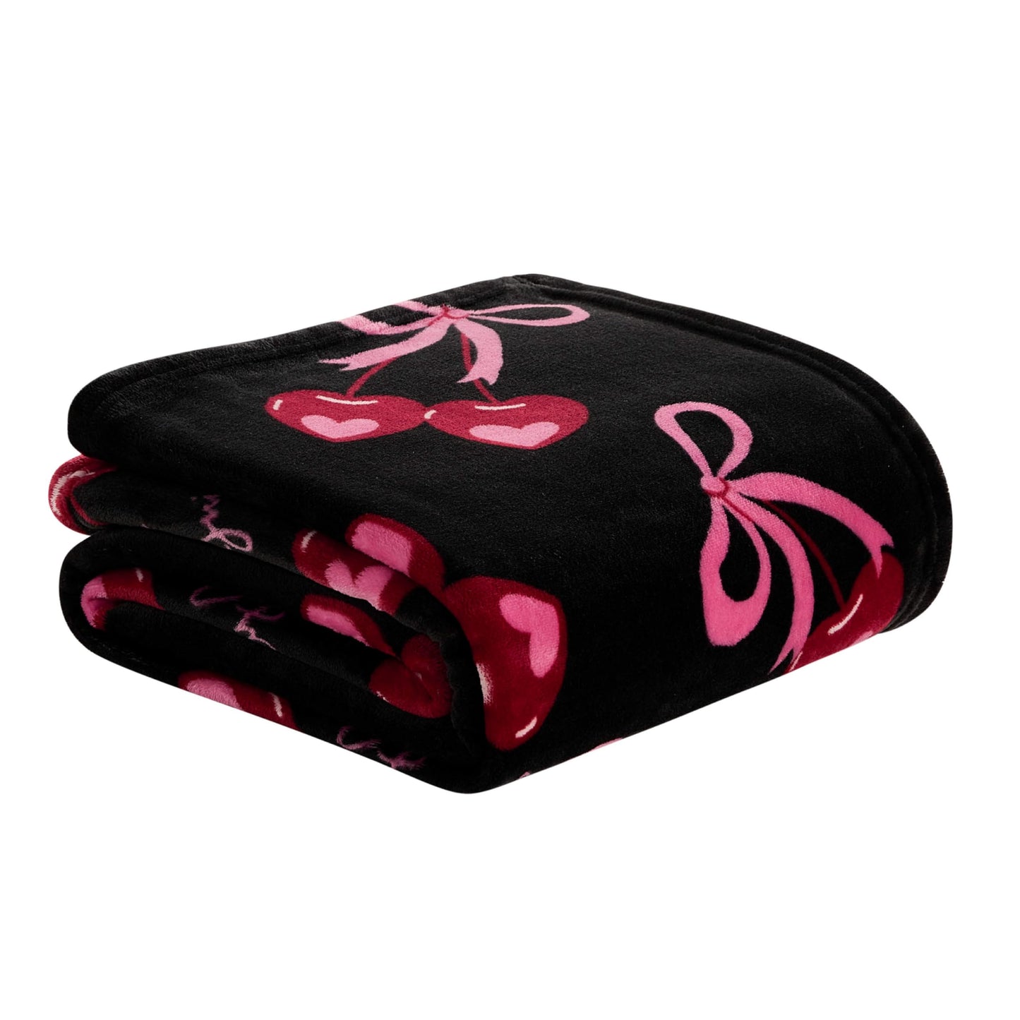 Juicy Couture Sweet Cherry Bows 50" x 70" Plush Throw Blanket, Black - Decorative Blankets for Sofas, Throws for Chairs, and Beds