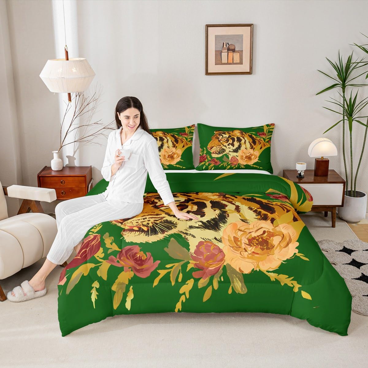Erosebridal Tiger Comforter Set Twin Size Modern Flowers Bedding Set for Kids Girls BoysGreen Red Romantic Roses Comforter Wild Animals Plants Quilt Bedroom Decor