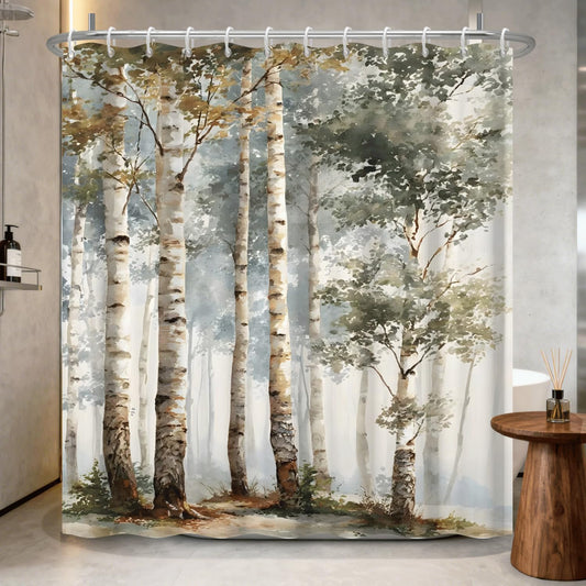 Xiazhilaio Birch Tree Shower Curtain 71x74 Inch – Woodland Forest Watercolor Landscape Print Waterproof Bathroom Curtain with Rust-Proof Hooks for Farmhouse Rustic Scandinavian Bath Decor
