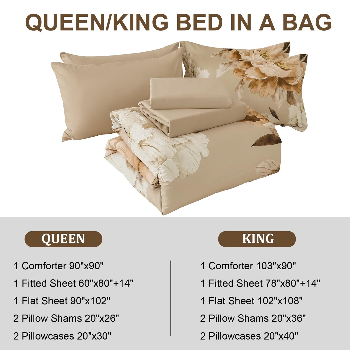 Dobuyly Khaki King Size Comforter Set 7 Piece Bed in a Bag King, Taupe Floral Fall Comforter Set with Sheets, Soft Microfiber Farmhouse Complete Bedding Set for All Season