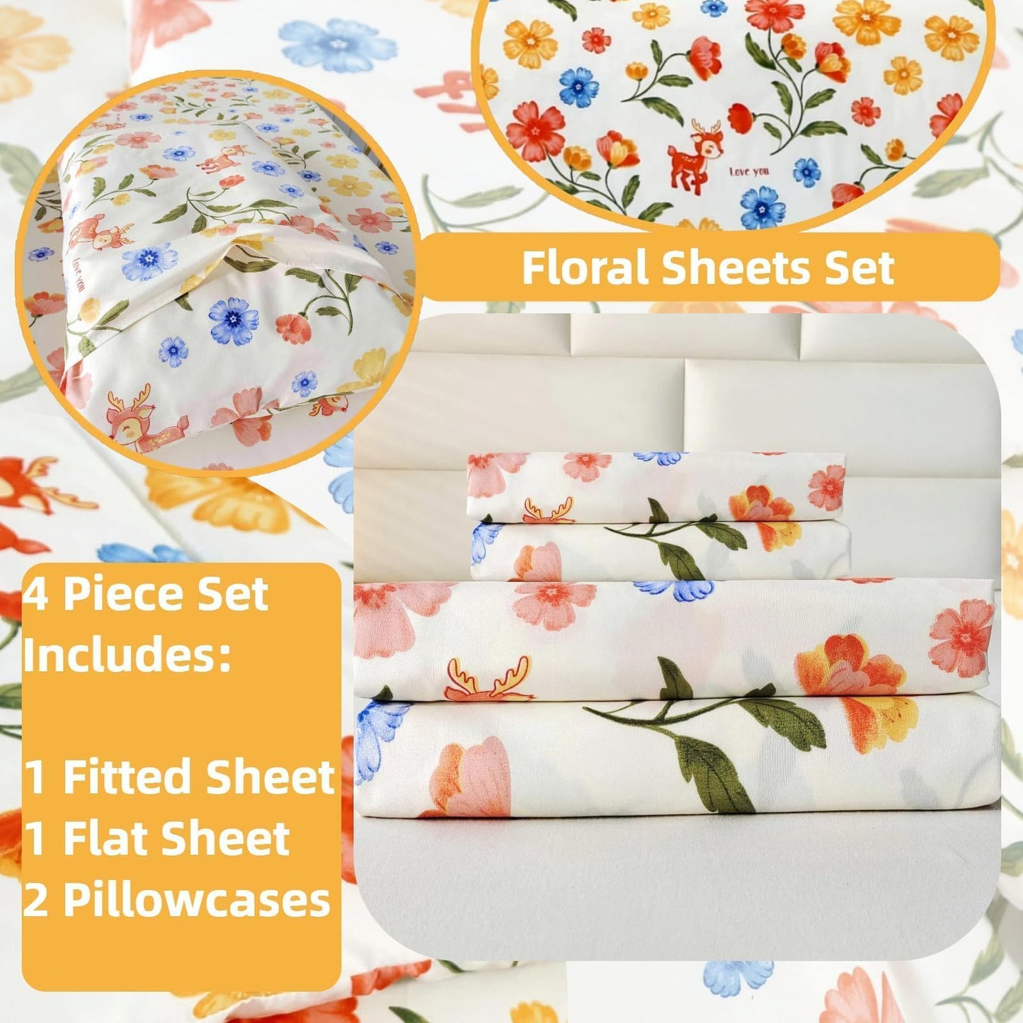 SDIII 4PCS Pink and Yellow Floral Twin Sheet Set, Soft Microfiber Twin Floral Sheets, Wrinkle and Fade Resistant, Cozy Home Decor on Amazon