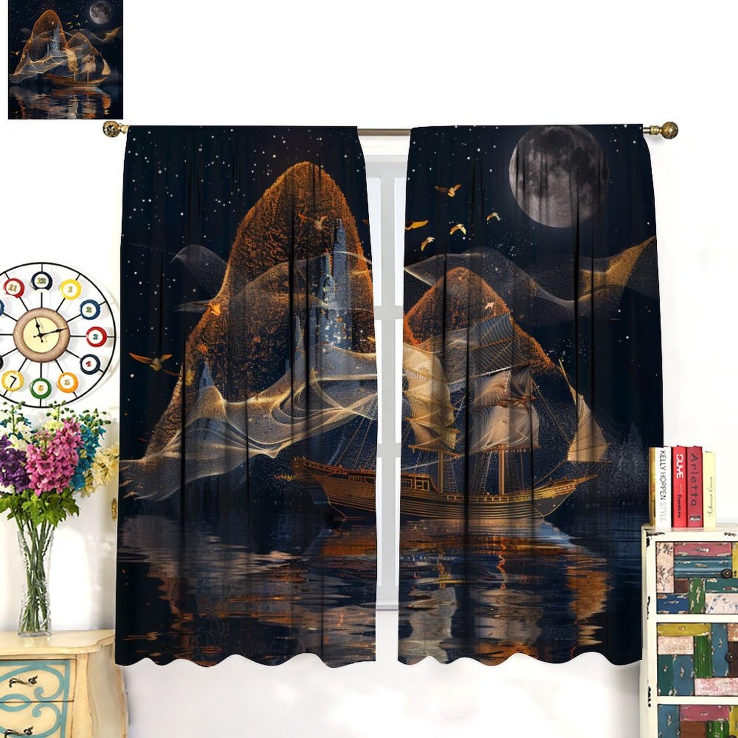 TOWINSFB Abstract Nautical Sailboat Blackout Curtains for Living Room Bedroom, Night Star Moon Seagull Window Curtains Rod Pocket Thermal Insulated Window Drapes, 2 Panels, Each 21W x 63L