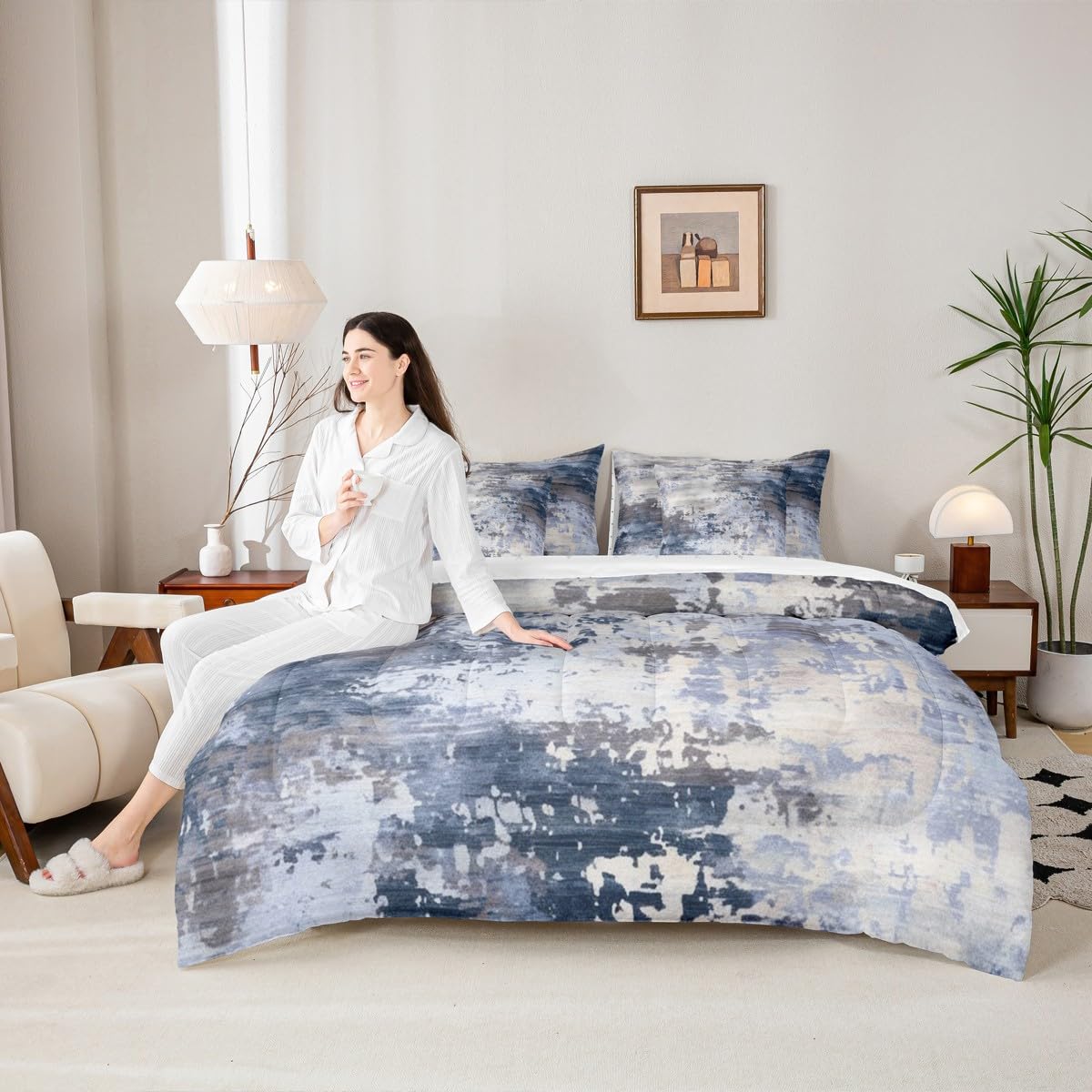 Erosebridal Watercolor Comforter Set 7 Pcs,Modern Abstract Bedding Set for Girls Boys Kids Teens,Navy Blue Tie Dye Ombre Bed in A Bag,Contemporary Grunge Aesthetic Sheet Set (Navy Blue Grey,King)