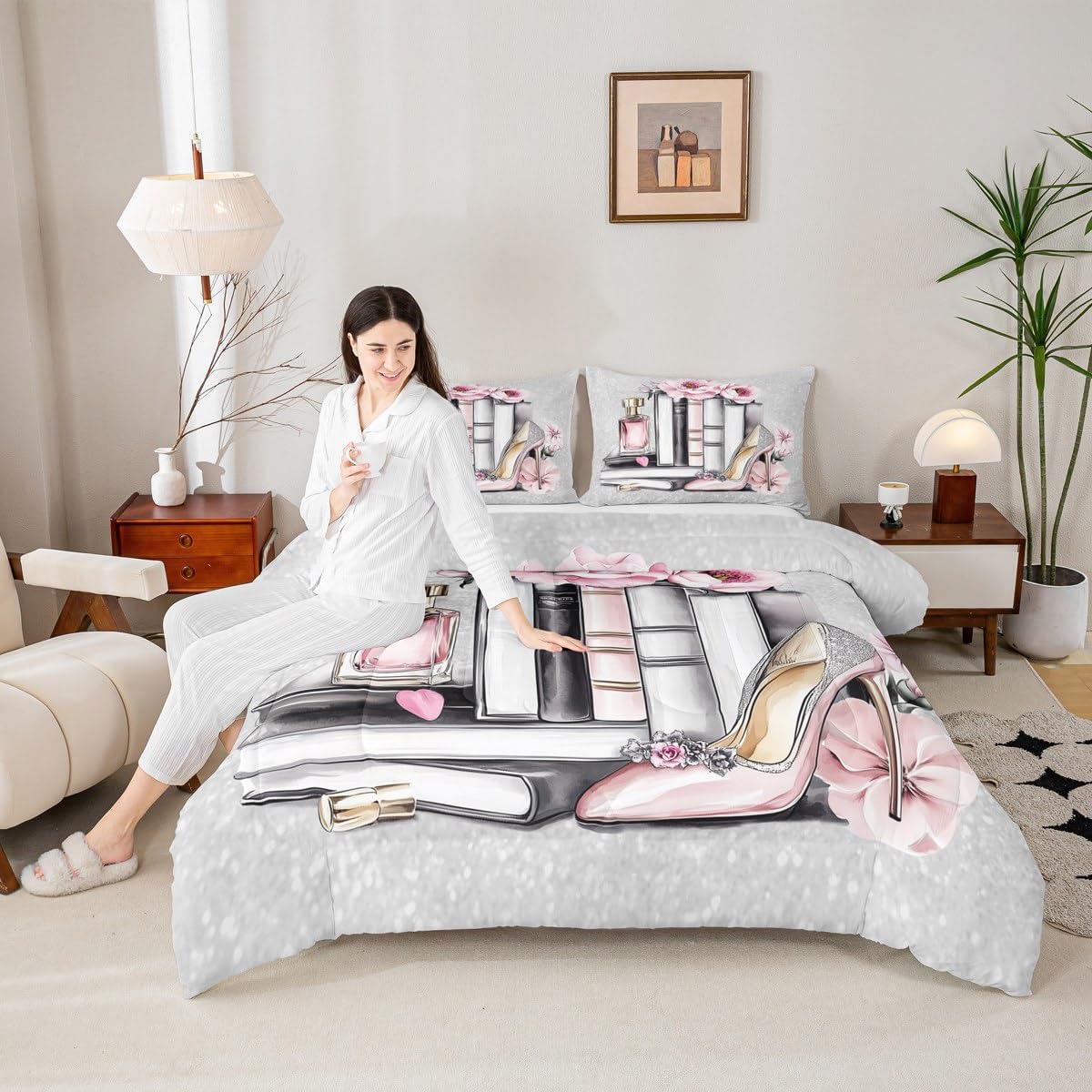 Erosebridal Pink Girly King Bedding Set Silver Fashion Comforter Set Women Girls Gray Pink Flower Perfume Quilt High Heels Magazine Books Floral Duvet Insert