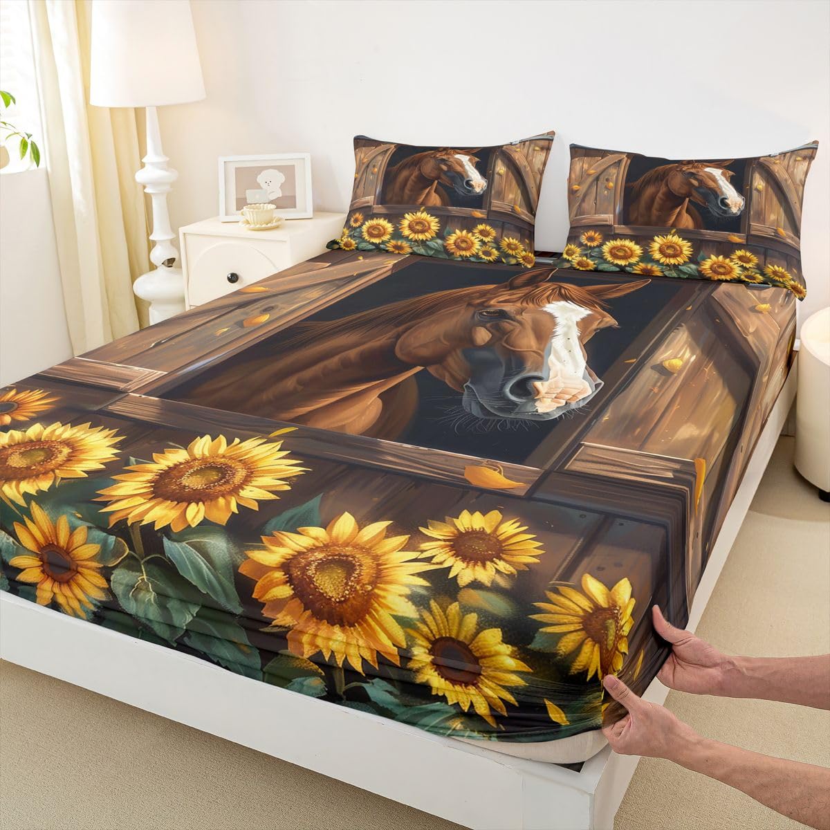 jejeloiu Farm Horse Bed Sheets Set Queen Size Brown Wood Grain Print Bed Set for Kids Boys Girls Sunflower Animal Deep Pocket Fitted Sheet Country Farmhouse Breathable Soft Lightweight Microfiber