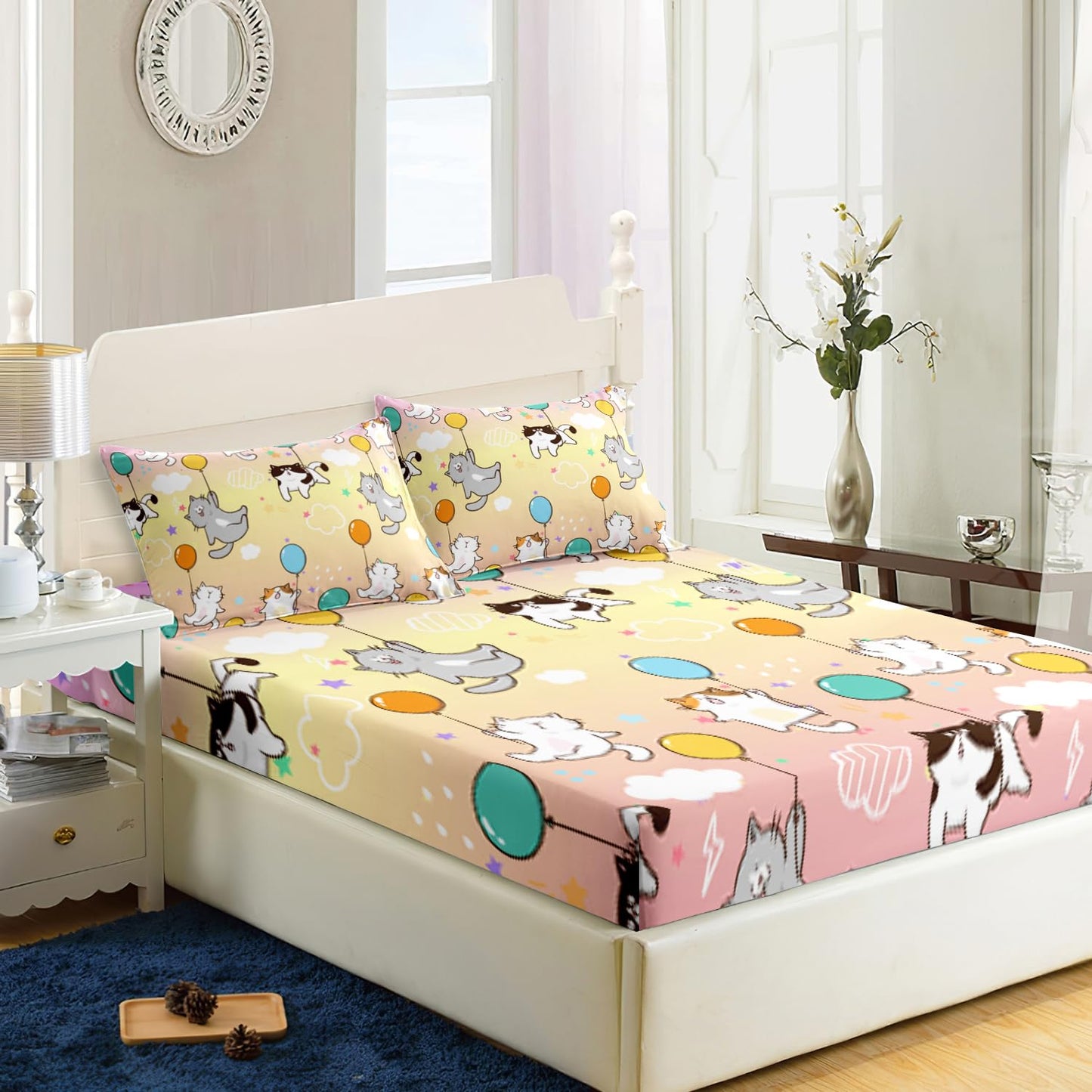 AILONEN Cat Fitted Sheet Twin XL Size, Balloon Cats Bed Sheet Set,Colorful Pet Cats Sheets,Girls Kids Cartoon Cat Gradient Sheet Sets 3 Pieces, 1 Fitted Sheet and 2 Pillowcases