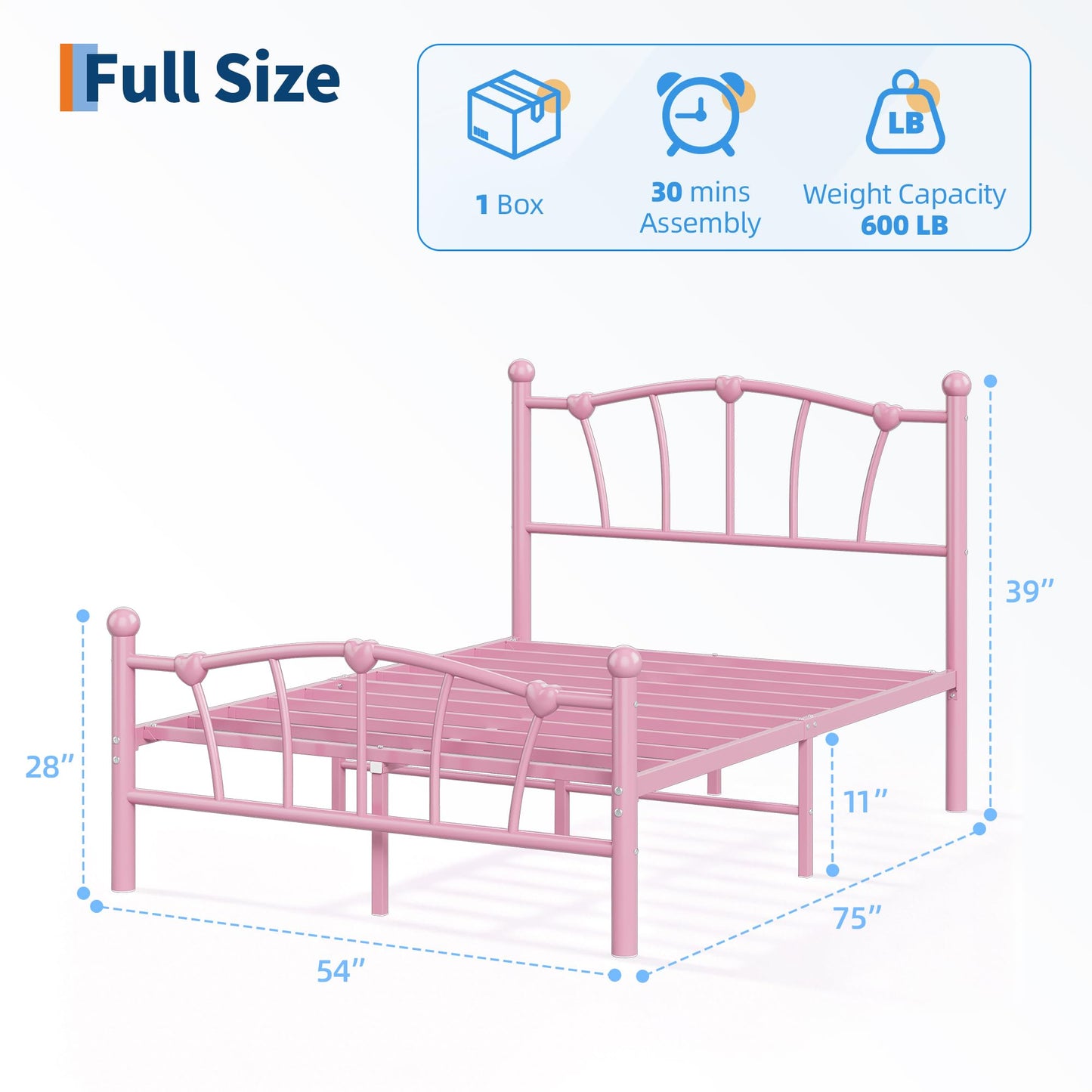 IDEALHOUSE Full Bed Frame for Kids, Full Size Bed with Headboard and Footboard, Heart Shaped Platform Bed Frame, Heavy Metal Slat Support, Noiseless, No Box Spring Needed, Pink