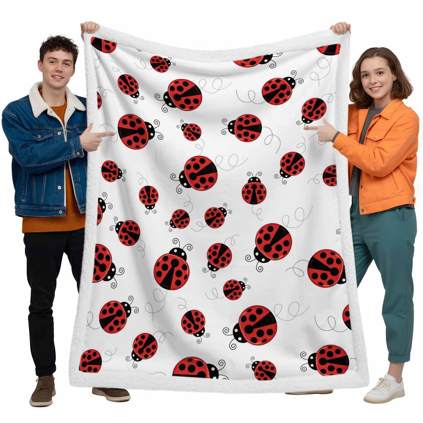 Ladybug Sherpa Fleece Luxury Blanket - Warm & Cozy Super Soft Reversible Throw, 40"x50", Red Ladybug on White Background