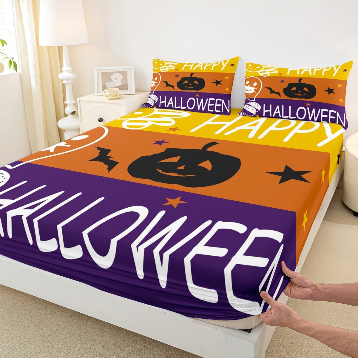 Feelyou Kids Happy Halloween Fitted Sheet Full Size, Pumpkin Bedding Set Horror Decor Bed Sheet Set Boys Girls Halloween Teens Bedroom Decor (2 Pillow Cases and a Fitted Sheet)