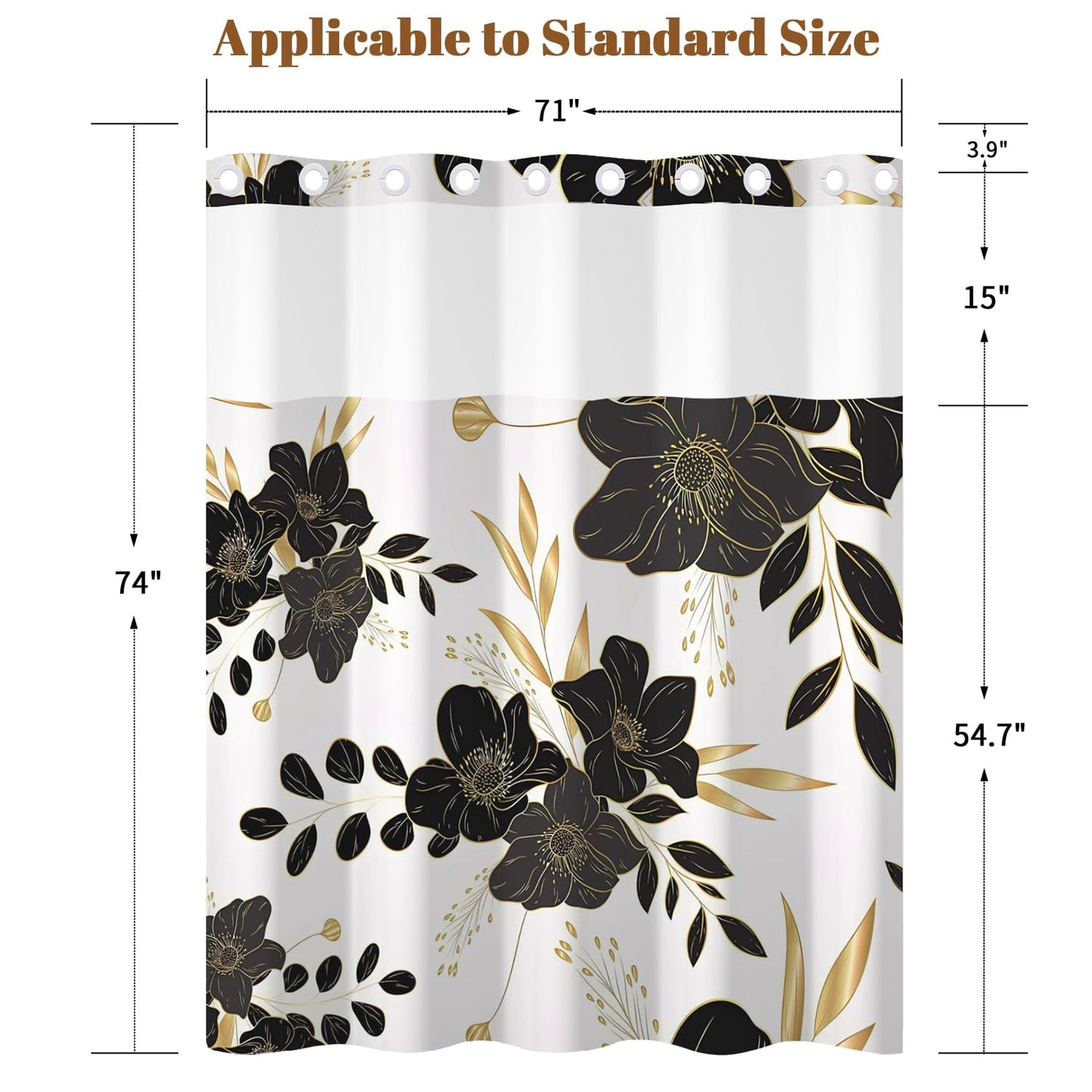 Xiazhilaio No Hook Black & Gold Floral Shower Curtain with Snap in Liner - 71″W x 74″L Waterproof Fabric with Mesh Top Window, Dark Flower Printed Bath Tub Curtain for Modern Luxury Bathroom Decor