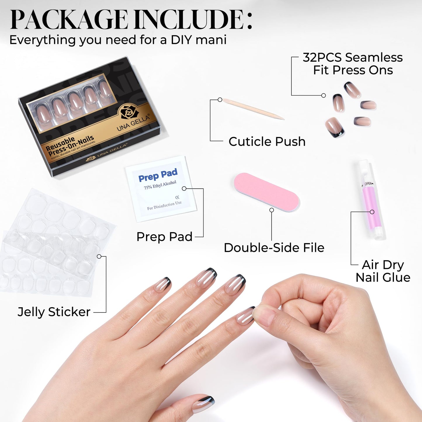UNA GELLA 32Pcs Soft Gel Press on Nails - 16 Sizes Black Chrome Mirror French Tip Short Square Glue on Nails, Reusable Metallic Black False Nails, Acrylic Nail Kit for Women DIY Home Manicure