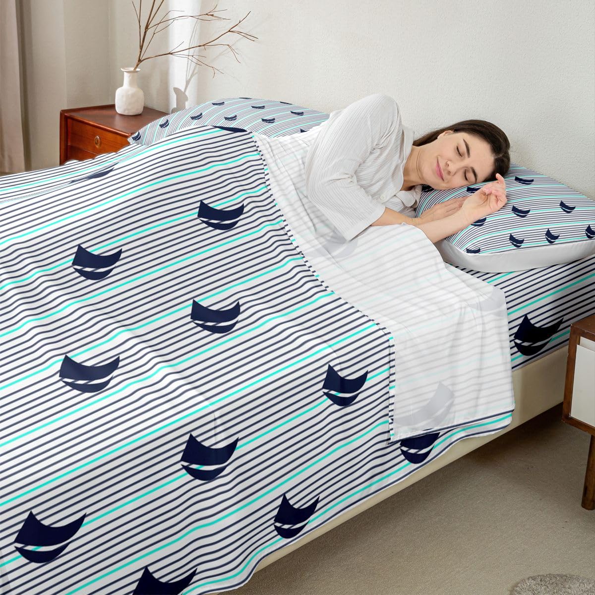 Feelyou Natural Bed Sheets Set Full Size Southern Tide Sheet Set for Kids Boys Girls Decor Coastal Sheets with Deep Pocket Fitted Sheet Boat Strip Lines Grey Bedding Set Bedroom
