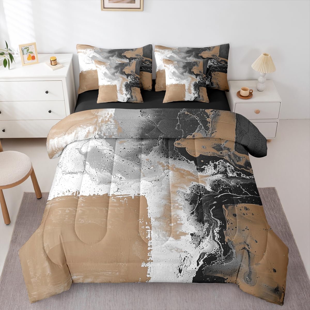 Feelyou Abstract Comforter Set with Sheets 7 Piece King Size Modern Abstract Art Bed in a Bag Kids Boys Girls Luxury Bedding Set Geometric Bedroom Decor Balck and Brown Soft Lightweight Microfiber