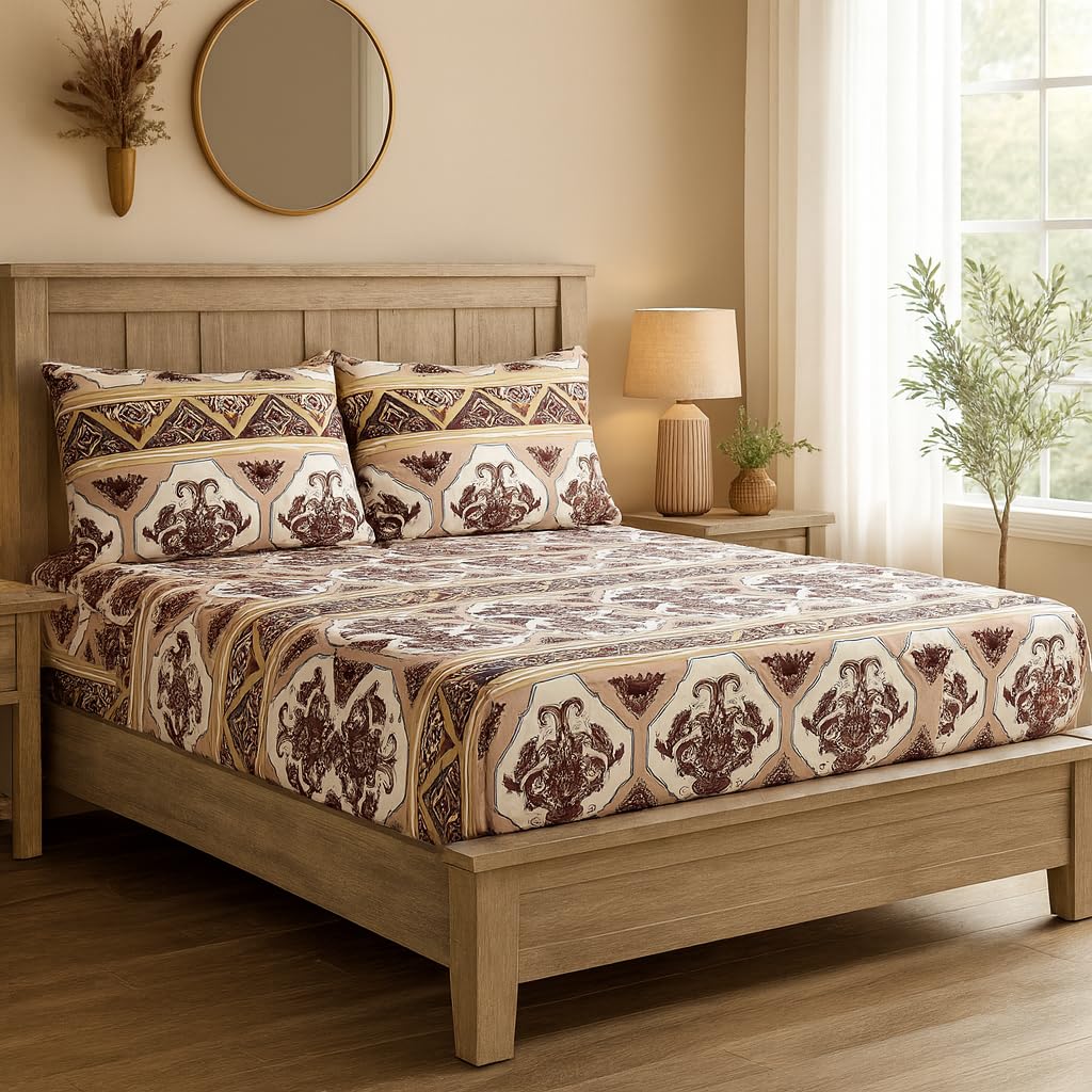 DaDa Bedding Farmhouse Bohemian Fitted Sheet - w/Pillow Cases Tribal Persian Filigree Majestic Rustic Kilim Traditional Design Intricate Ornate Vintage Pink Brown - Twin - 2-Pieces