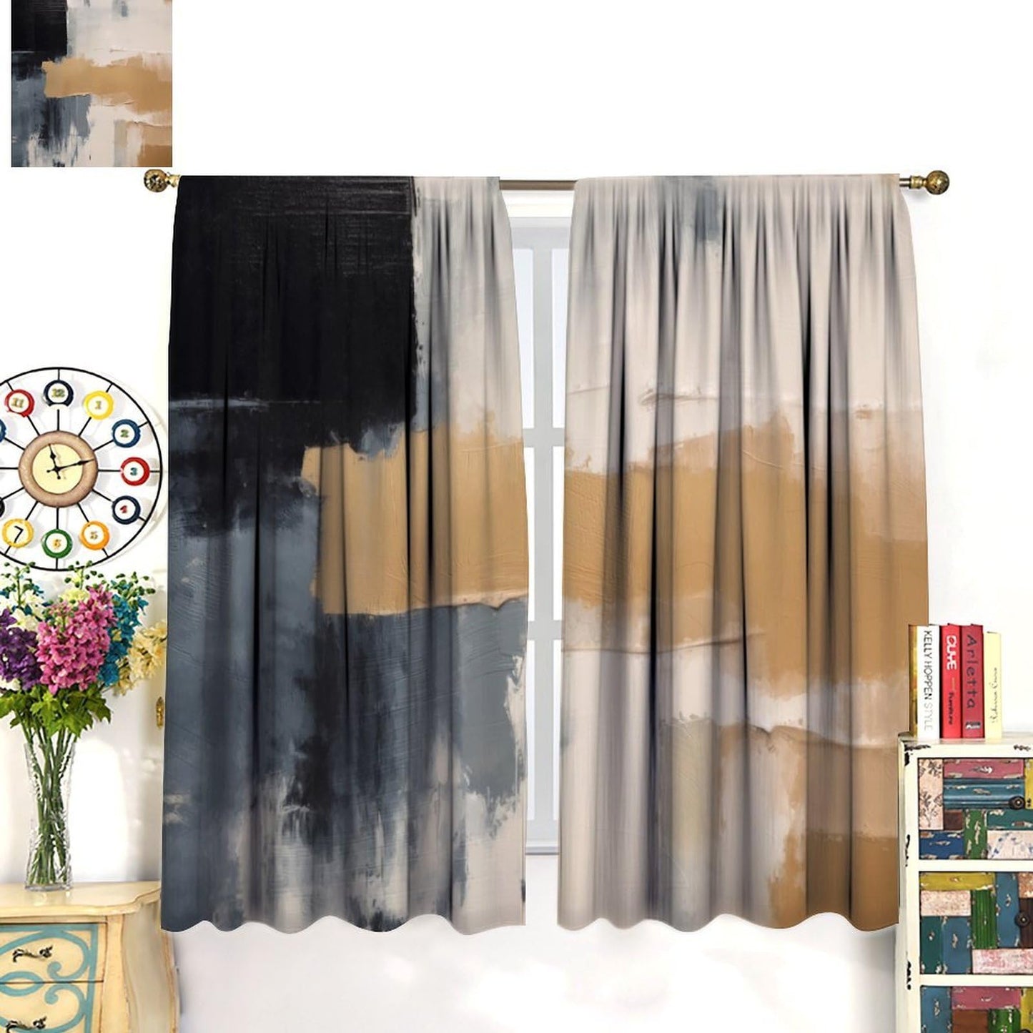 Abstract Black Beige Gray Curtains, Rod Pocket Taupe Tan Neutral Art Painting Modern Window Drapes for Living Room Bedroom, 20.5" W x 44.5" L, 2 Panels （No Blackout）