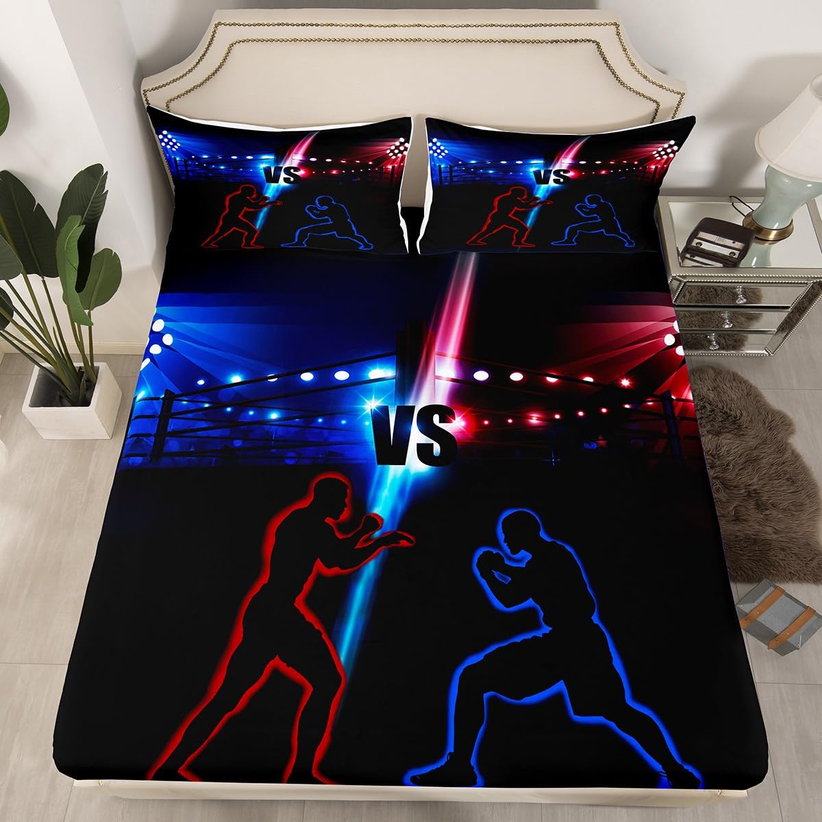 Manfei Wrestler Wrestling Fitted Sheet Twin Size, Young Men Sports Theme Bed Cover with 1 Pillowcase, Blue and Red Bedding Set 2pcs for Kids Teens Room Decor, Soft Polyester Bedding