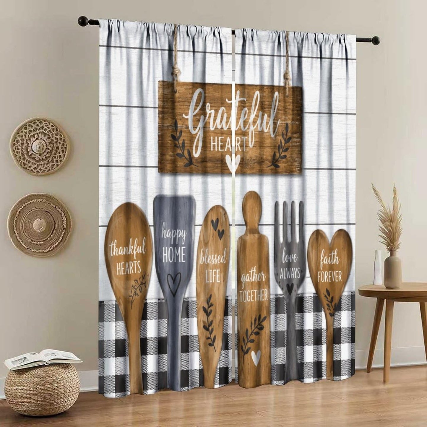 Tificats Farmhouse Kitchen Curtains,Rustic Brown Wooden Utensils Cafe Inspirational Quotes Buffalo Plaid Blackout Rod Pocket Window Treatment for Dining Room Cafe Bedroom21 W x 45" L (Pack of 2)