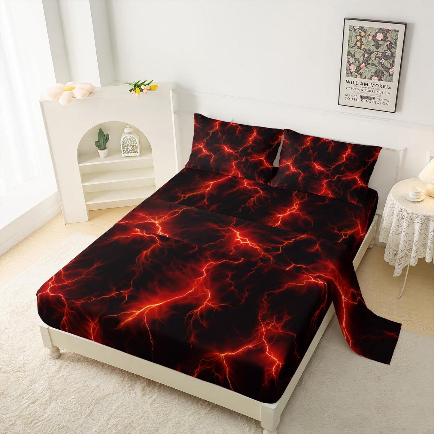 QOOMO Red Lightning Fitted Sheet Set Full Size,Modern Neon Glowing Bedding Set for Kids Boys Girls Teens,Comfy Breathable Cooling Sheet Sets,1 Fitted Sheet, 1 Flat Sheet, 2 Pillow Cases