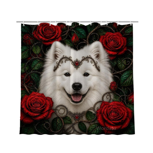 Wordatu Spring Summer Samoyed Red Rose Shower Curtain, Bathroom Decor Fabric Polyester Waterproof 12 Hooks 72Wx72H Inch for Bathtub and Bathroom