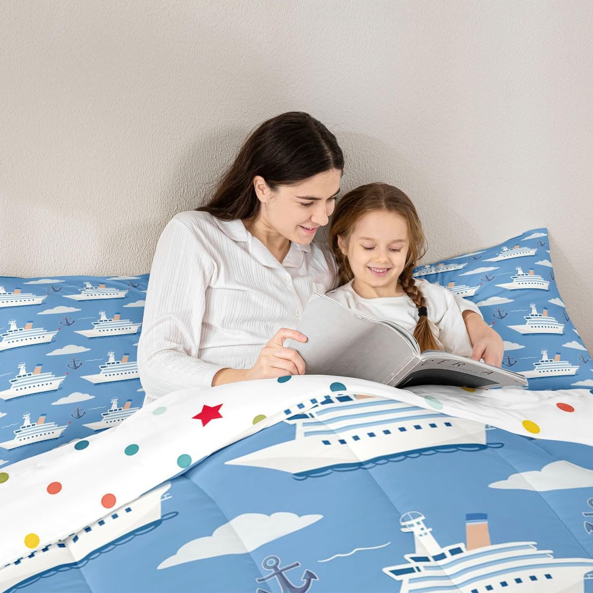 Erosebridal Boys Nautical Sailboat Bedding Set Full, Ocean Ship Comforter Set, Boat Anchor Comforter, White Cloud Blue Sky Nautical Quilt for Kids Teens Youth Men Bedroom, 3 Piece