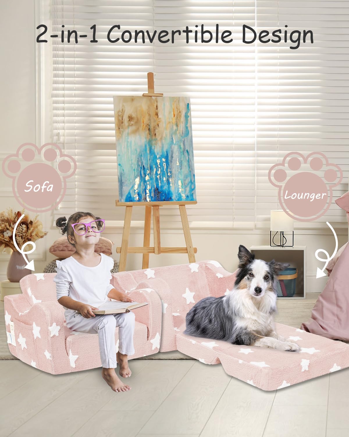 KokoSelene Toddler Couch, Kids Couch for Toddler Fold Out, 2-in-1 Convertible Kid Sofa to Lounger Bed for Girls and Boys, Ideal for Reading Sleeping Gaming Decor (Pink)