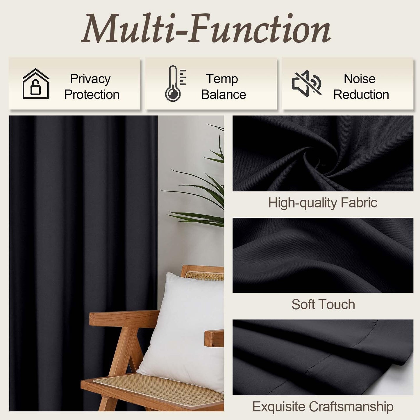 Gwine Black Blackout Curtains for Bedroom 63 Inch Length - Thermal Insulated Light Blocking Window Curtain Panels, Solid Room Darkening Drapes for Living Room, 2 Panels, Each W40 x L63