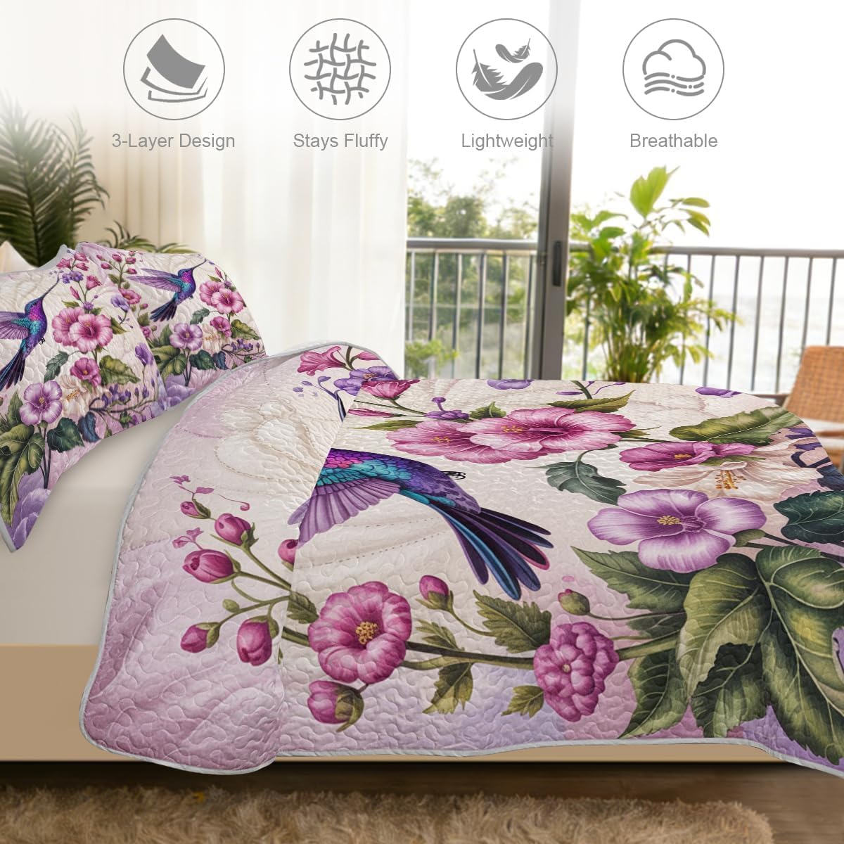 ARIGHTEX Flower Bird Quilt Set, Pink Purple Floral Hummingbird Bedding Set