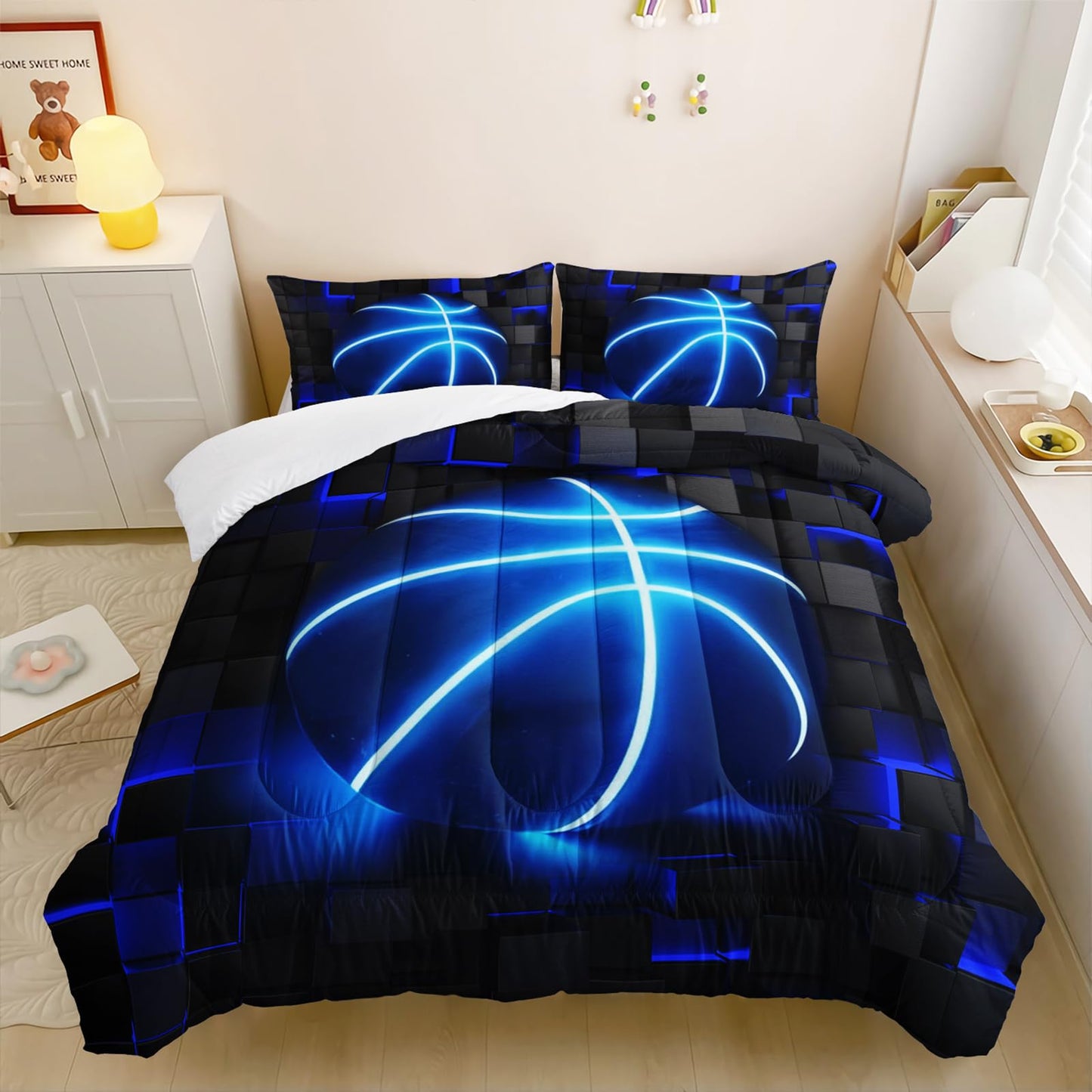 lneffble 3Pcs Football Comforter Set Twin Size for Teen Boys Girls,Soccer Quilt Set,Blue Black Honeycomb Comforter Set, 3D Geometric Grid Theme Ball Sport Bedding Set