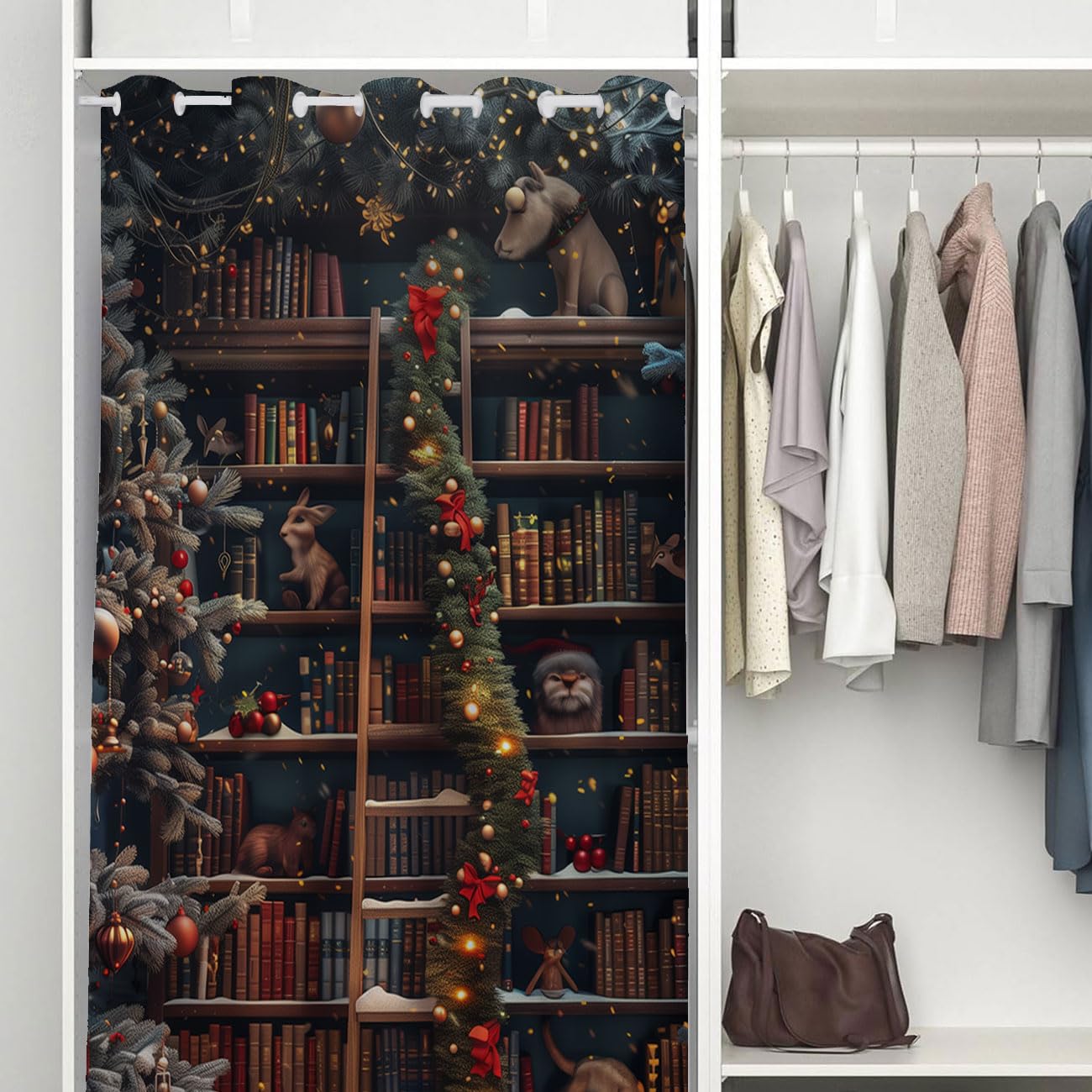 WUMINMIN Christmas Bookshelf Door Curtain for Doorway, Fantasy Library Books Room Darkening Curtain for Darkening Door Drape for Kid Teens Boys Teens, 1 Panel 34" W X 80" L