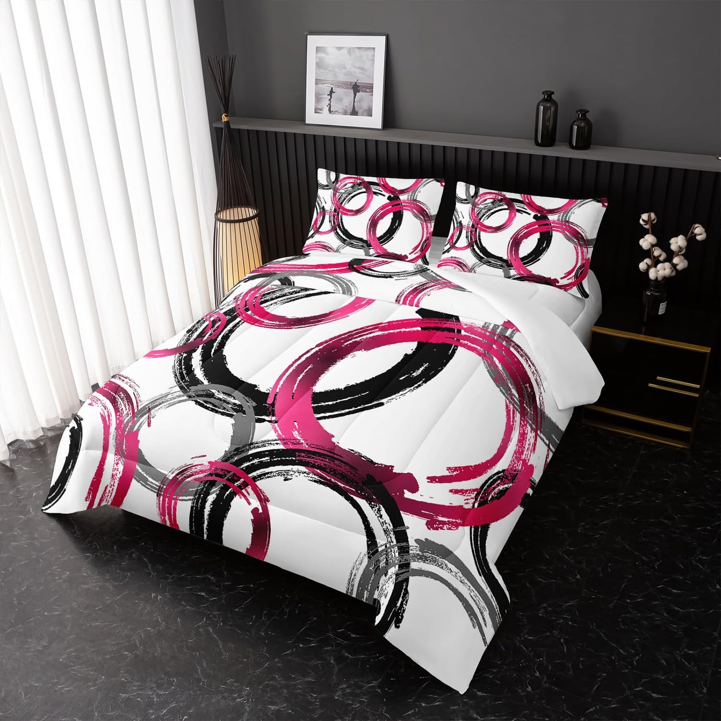 Nttopship Geometric Circle Comforter Set Pink Grey Black Geometric Bedding Set for Boys Girls Teens Retro Circle Swirls Bedding Set Bedroom Decor Modern Abstract Art Duvet Set Room Decor Twin Size