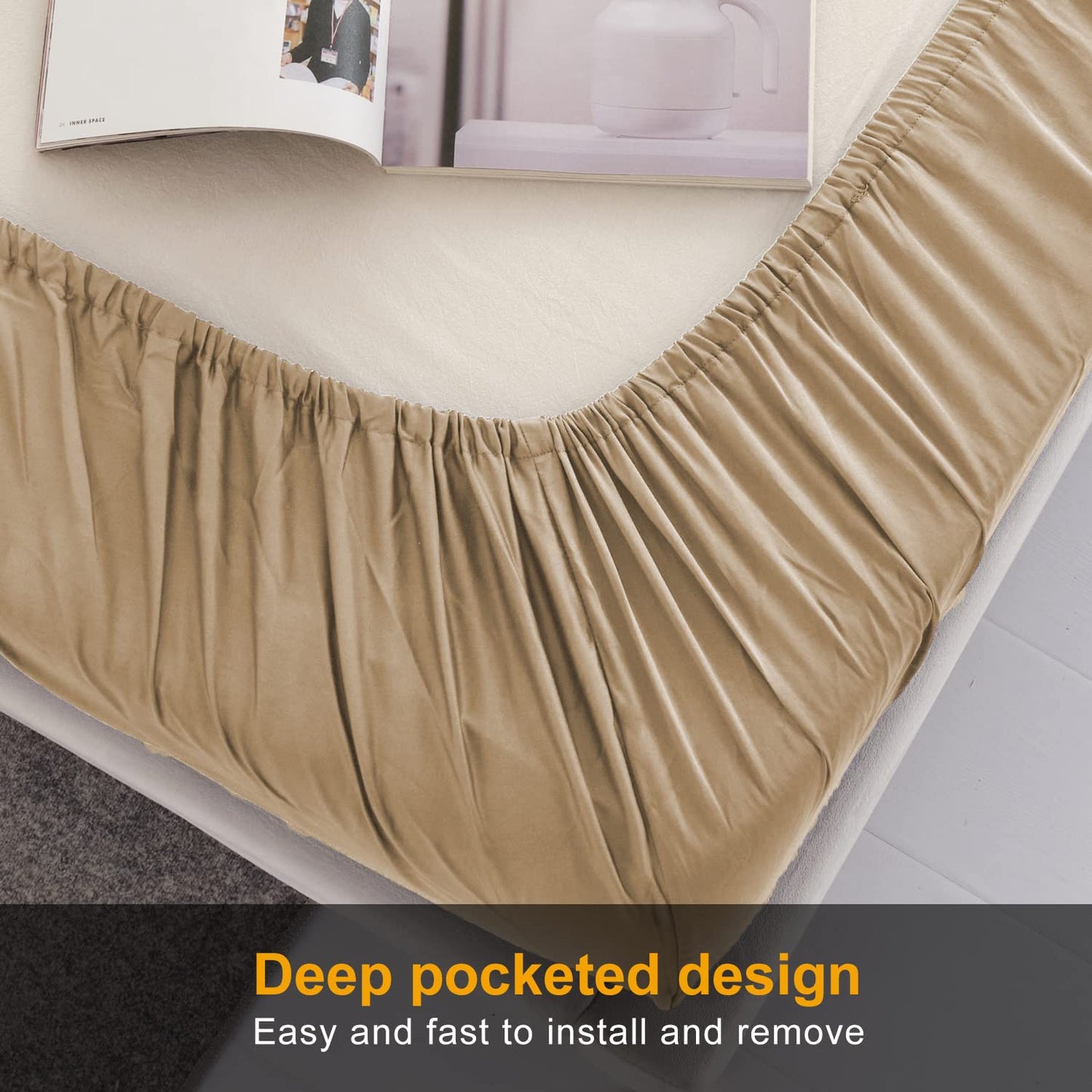 MILDLY Deep Pocket Fitted Sheet Only Queen Size 60"x80" 100% Long Staple Cotton Champagne Gold Breathable Bottom Sheet Fits Up to 14" Deep Mattress