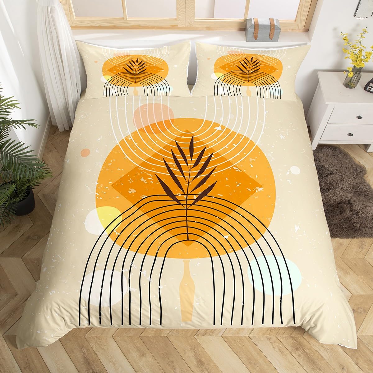 Erosebridal Geometric Stripe Duvet Cover Queen Retro Aesthetic Bedding Set, Beige Minimalism Comforter Cover Modern Artwork Bed Set, Mid Century Bedding with 2 Pillowcase Super Cozy (Zipper Closure)