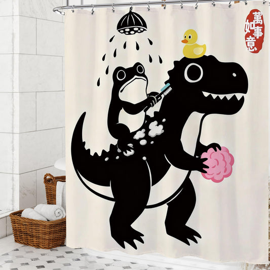Opeoddie Cute Frog Riding Dinosaur Shower Curtain Japanese Duck Funny Animal Kids Shower Curtains Set for Boys Bath Curtain Dino Silhouette Trex Unique Teen Kid Fun Bathroom Decor 60x72