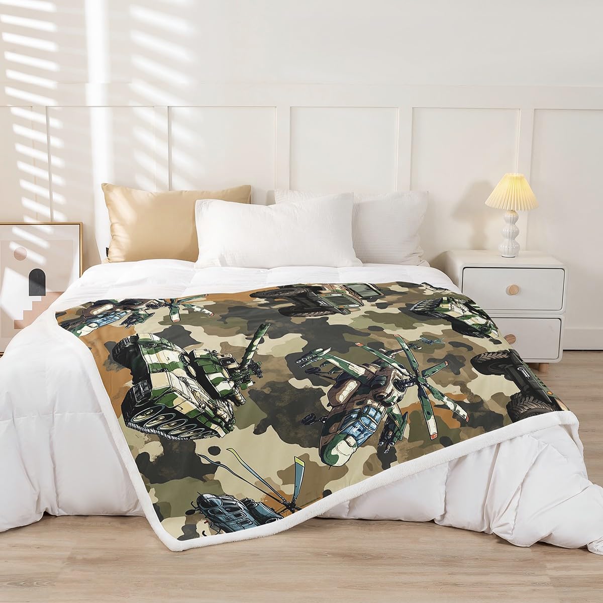 War Theme Kids Throw Blanket,Warplane Aircraft Helicopters Army Tanks Bed Blanket for Boys Men,Retro Green Camouflage Fleece Blanket,Camo Green Fuzzy Blanket,Throw Size (50 x 60 Inches)